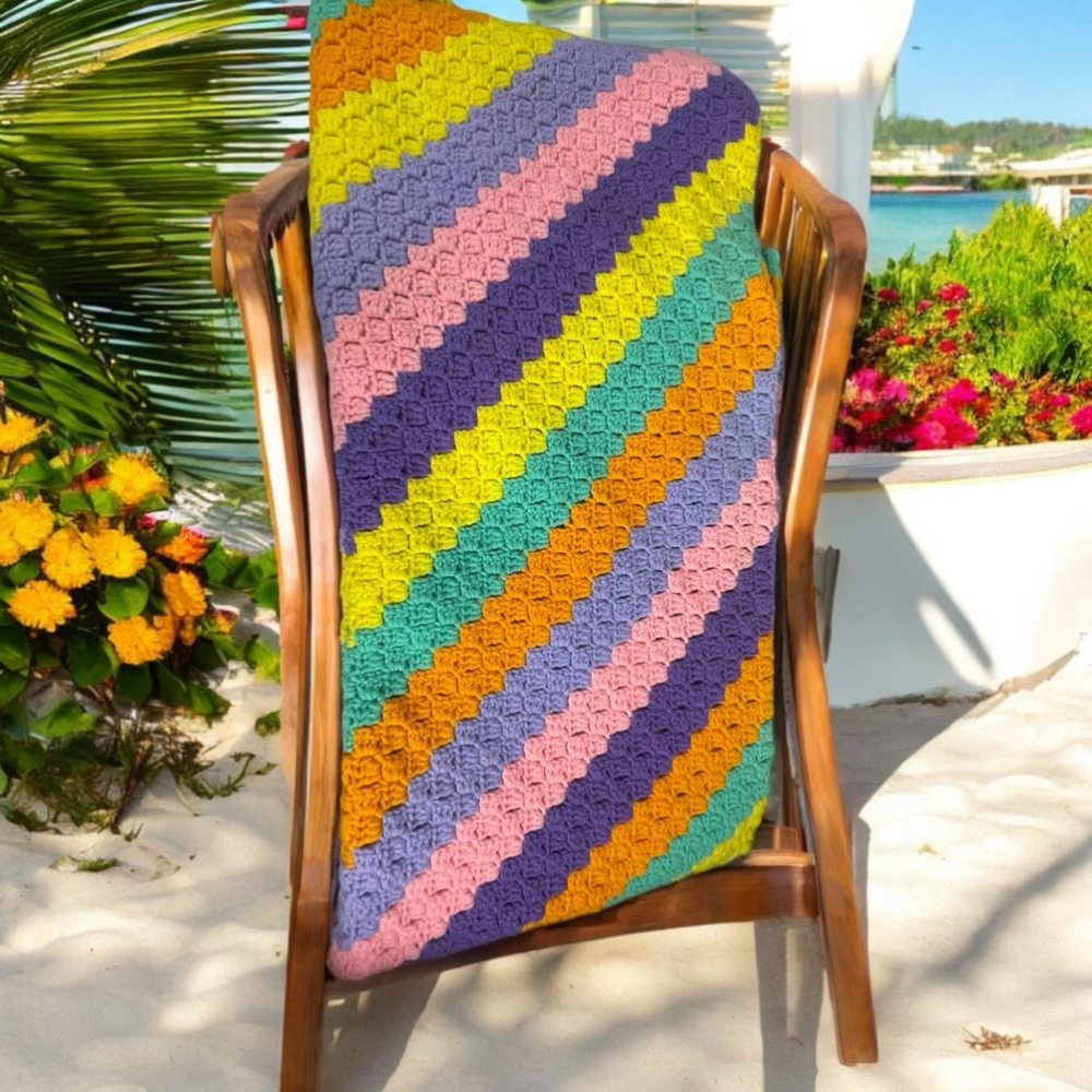Handmade Crochet Blanket Throw Vibrant Bright Pink Purple Green Yellow Orange